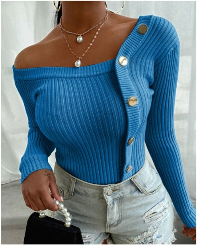 Knitted Sweater Long Sleeve Top Women T-Shirt Asymmetrical Collar Black White Button Pullover Top Tees Autumn Fall 2020 Clothing