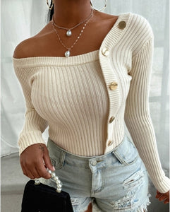 Knitted Sweater Long Sleeve Top Women T-Shirt Asymmetrical Collar Black White Button Pullover Top Tees Autumn Fall 2020 Clothing