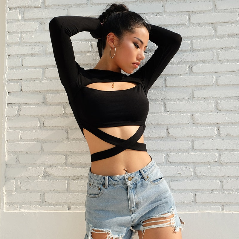 Long Sleeve Hollow Out  Crop Tops